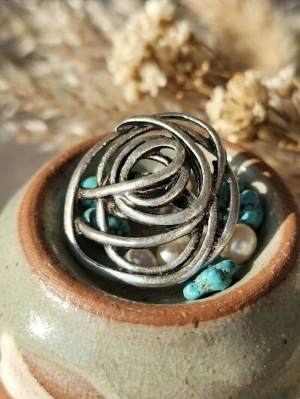 Turkish Zamak Rose Ring Large Statement Adjustable Boho Western Antiqued Silver